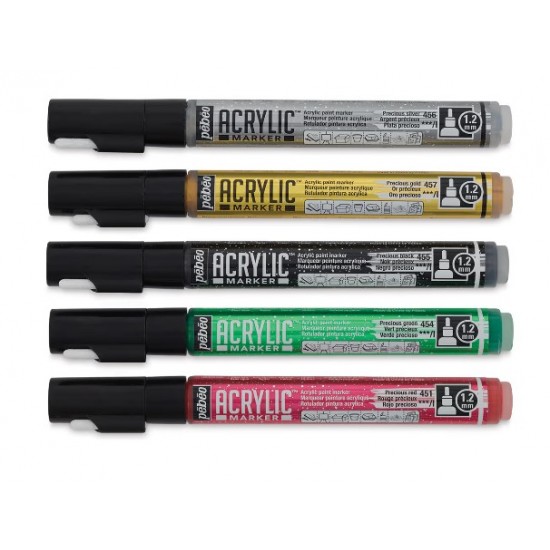 Set 5 Glossy Colors Deco Acrylic Marker, 1.2mm Thickness, Gold, Silver, Black, Red, Green / Pebeo